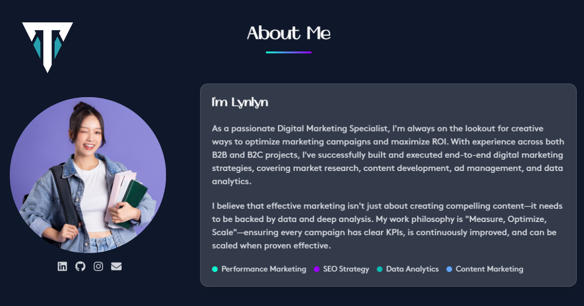 Giao diện website cá nhân phần giới thiệu bản thân (About me) có hình chân dung cô gái cười tươi