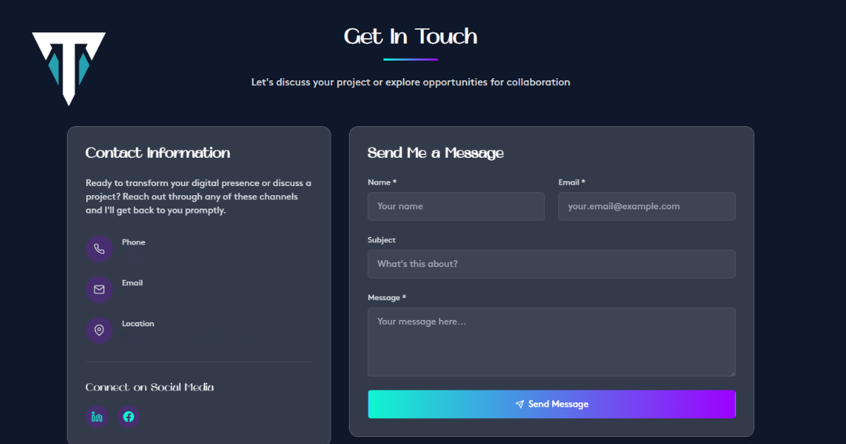 Giao diện website cá nhân phần thông tin liên hệ (Contact) với các thông tin cá nhân và gửi lời nhắn