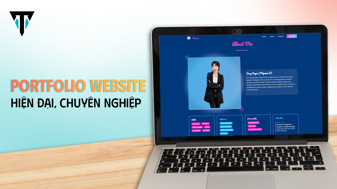 Hình ảnh chiếc máy tính cùng với portfolio hiện đại, chuyên nghiệp