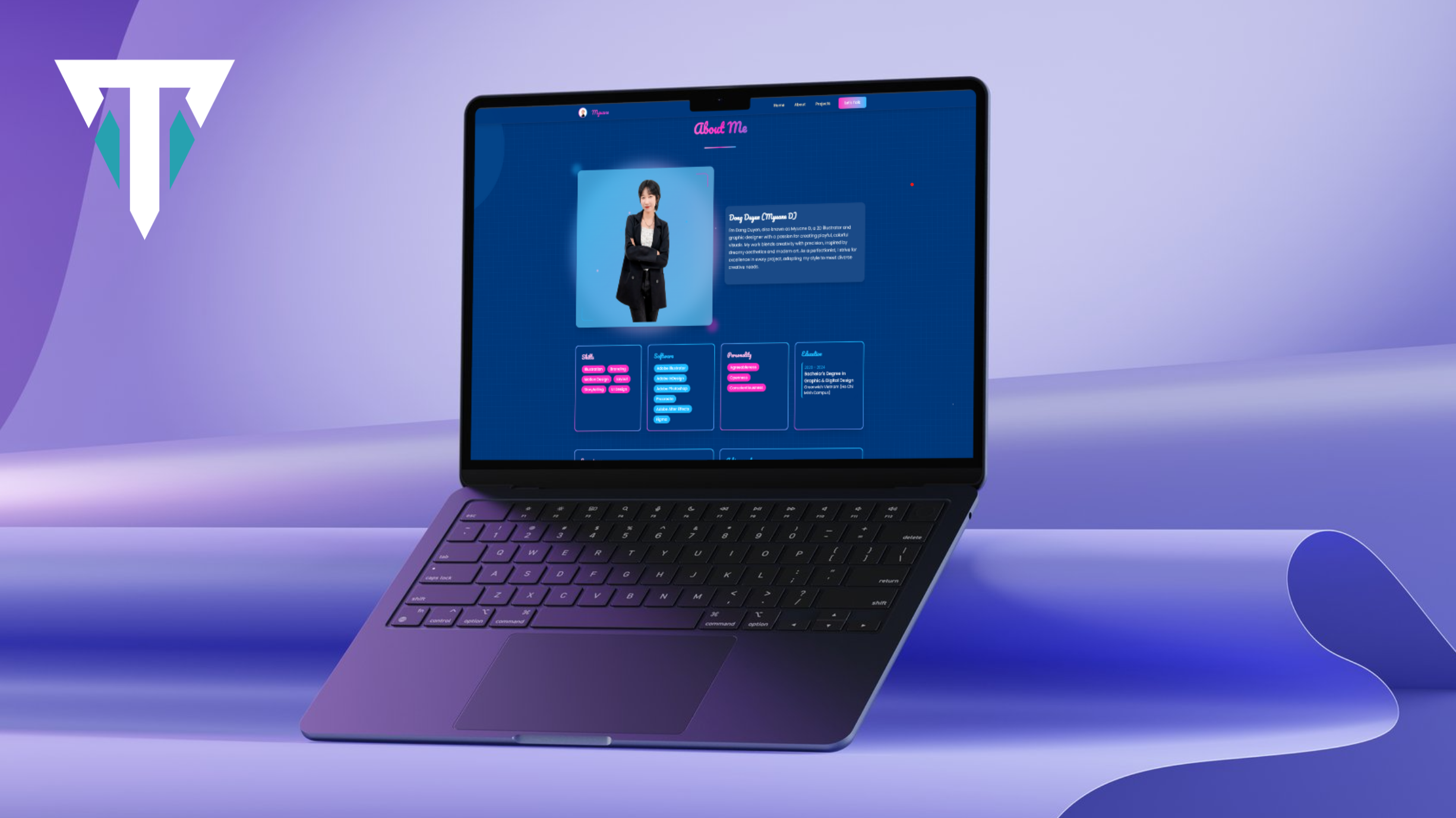 Laptop đặt trên kệ với Portfolio của gói PRO